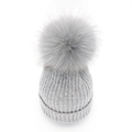 Light gray knitted beanie with large fluffy faux fur pompom and ribbed fold-over cuff - Light Gray