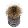 Macro detail of grey cable knit texture and fluffy raccoon fur pom-pom on beanie hat - Dark Gray