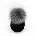 Thick black ribbed knit beanie with a fluffy grey silver fox fur pompom for winter - Children Style / Black