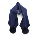 Detail shot of navy blue ribbed knit scarf featuring fluffy faux fur pom-poms on ends - 200cmx25cm / Navy Blue