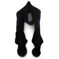 Detail of warm black knitted winter scarf featuring fluffy fox fur pom-pom accents - 200cmx25cm / Black