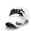 Close-up of 3D Bat embroidery and distressed brim on white graffiti baseball cap - White with Black Letters
