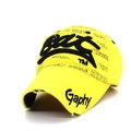 Distressed yellow cotton baseball cap with black BAT embroidery and graffiti prints - Yellow with Black Letters