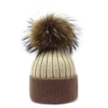 Close-up of thick ribbed knit texture and fluffy faux fur pompom on two-tone winter beanie - Beige and Coffee