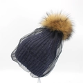 Bonnet en laine bleu marine pour femme avec pompon en fourrure et voile en résille noir - Bleu Marine