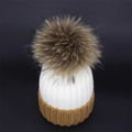 Winter two-tone knitted beanie with large faux fur pompom and ribbed cuff for women - Adult / White + Coffee