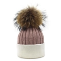 Close-up of dual-color rib knit texture and large fluffy pom-pom on the beanie - Pink Top White Bottom