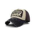 Vintage washed denim baseball cap featuring retro motors racing patches and distressed brim - Navy Brim Coffee Top