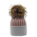 Detail of two-tone knit beanie with pink and grey ribs and a fluffy pom-pom - Pink and Light Gray