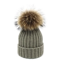 Winter wool knitted hat with cuff and oversized raccoon fur pom-pom in grey and khaki - M / Gray