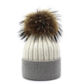 Detailed macro view of the two-tone knit beanie with a large fluffy fur pompom decoration - White and Light Gray
