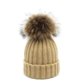 Beige wool knit beanie for women with large brown raccoon fur pompom and ribbed cuff - M / Khaki