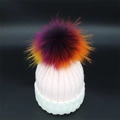 Pink and white knit beanie with a vibrant colorful faux fur pompom for winter - Pink + White