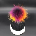 Winter knit beanie in black and white with a large colorful gradient faux fur pompom - Black+White