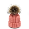 Orange pink ribbed wool knit beanie for women with a large brown faux fur pom-pom topper - M / Pink