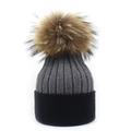 Close-up of two-tone cashmere knit beanie with large faux fur pompom in dark grey and black - Dark Gray and Black