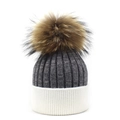 Close-up of two-tone knit cashmere beanie featuring a thick cuff and fluffy faux fur pompom - Dark Gray and White