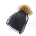 Women's black knit beanie with brown fur pom pom and decorative mesh netting veil - Black