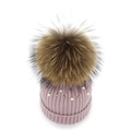 Detail of lavender knitted beanie with white pearls, silver studs and large raccoon fur pompom - Light Purple
