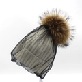 Chic beige wool knit beanie for women with black mesh veil and fluffy fur pompom accessory - White
