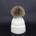 White ribbed knit beanie for women with large dark brown faux fur pom pom - M / White