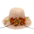 Women summer straw sun hat with floral decor and wavy brim for beach and travel protection - Dusky Pink