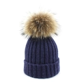 Navy blue winter knit beanie for women with a large brown faux fur pom pom decoration - M / Navy Blue