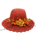 Rust red straw sun hat with large floral decoration and wavy scalloped brim for women - Burgundy