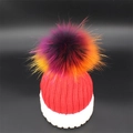 Winter knit beanie for women in red and white with a colorful oversized faux fur pom-pom - Adult / Red + White