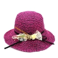 Chapeau de soleil en paille pour femme avec nœud en dentelle et fleur en soie - Rose Rouge Foncé