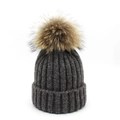 Dark brown ribbed knit wool beanie with large natural raccoon fur pom-pom decoration - M / Dark Gray