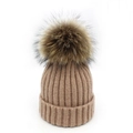 Classic camel ribbed knit wool beanie featuring a large fluffy real fur pom-pom topper - M / Ivory