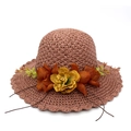 Women's red-brown straw sun hat with large floral decoration and wavy brim - Dusty Pink