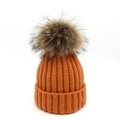 Winter rib-knit wool beanie with a 15cm raccoon fur pom-pom in warm ginger color - M / Orange