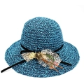 Chapeau de soleil en paille bleue pour femme avec fleur en dentelle et ruban élégant - Bleu foncé
