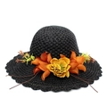 Women's summer black straw sun hat featuring elegant orange flower and wave brim - Black