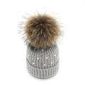 Gray knitted beanie with large faux fur pompom and elegant pearl embellishments - One Size / Light Gray