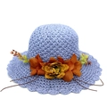Women's lavender woven straw sun hat featuring vibrant yellow floral decorations - Blue