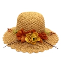 Straw sun hat in warm yellow featuring large floral accents and a wavy brim edge - Coffee