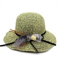 Chapeau de soleil en paille verte et beige avec ruban en velours noir et décor floral - Vert