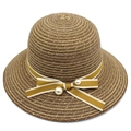 Elegante cappello di paglia marrone con perle grandi, paillettes e fiocco giallo - caffè