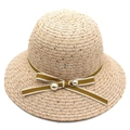 Women's straw sun hat in cream white with golden sequins and pearl ribbon bow - Pink