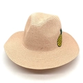 Classic beige straw fedora hat featuring yellow pineapple embroidery for summer beach vacation - Pink