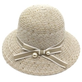 Cappello di paglia beige elegante con paillettes, fiocco e perle da sole per donna - Beige
