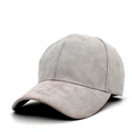 Detail view of medium grey faux suede baseball cap showing fine stitching and air vents - Gray