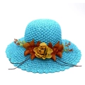 Sky blue straw sun hat featuring vibrant orange flowers and adjustable brown drawstring - Lake Blue
