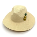 Beige woven straw panama hat with colorful pineapple embroidery for summer outdoor sun shade - Beige