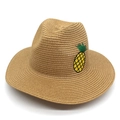 Handwoven straw fedora hat with pineapple embroidery on a natural yellow finish - Khaki