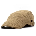 Khaki cotton canvas flat cap for men with decorative topstitching and side metal buckle - Adjustable / Khaki