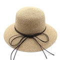 Damen Strohhut mit Lederband-Schleife und breiter Krempe für Sommer Strand Sonnenschutz - Khaki